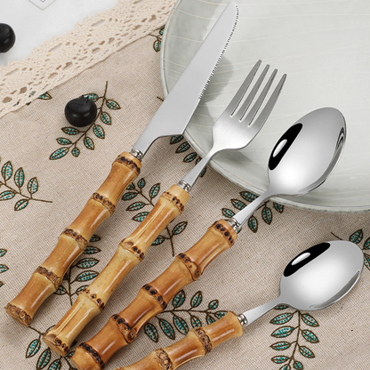 Jogo de Talheres em Aço Inox com Cabo de Bambu Natural - Kit 24 Peças