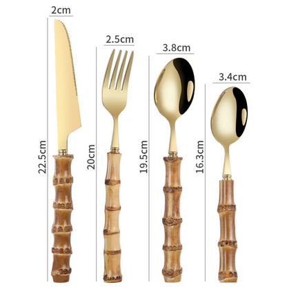 Jogo de Talheres em Aço Inox com Cabo de Bambu Natural - Kit 24 Peças