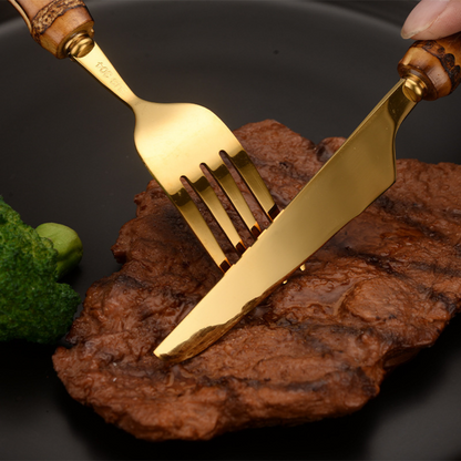 Jogo de Talheres em Aço Inox com Cabo de Bambu Natural - Kit 24 Peças