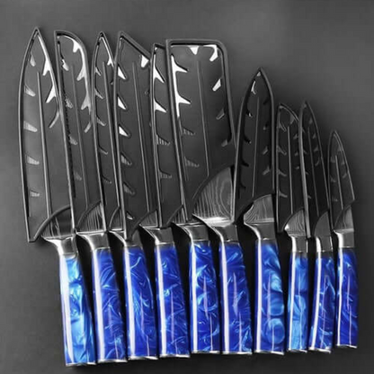 Kit Facas de Aço Damasco Safira para Churrasco - 10 Peças