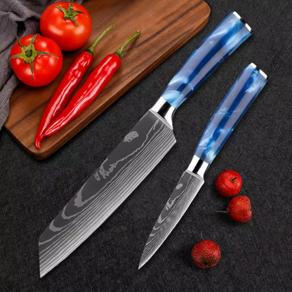 Kit Facas de Aço Damasco Safira para Churrasco - 10 Peças